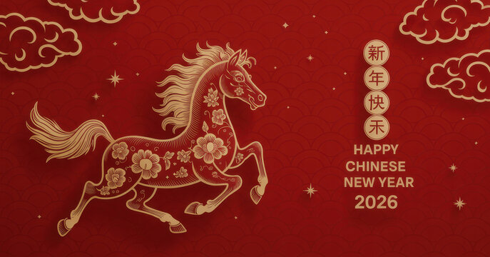Elegant golden horse illustration for Chinese New Year 2026 with decorative clouds and stars on a red background festive design
