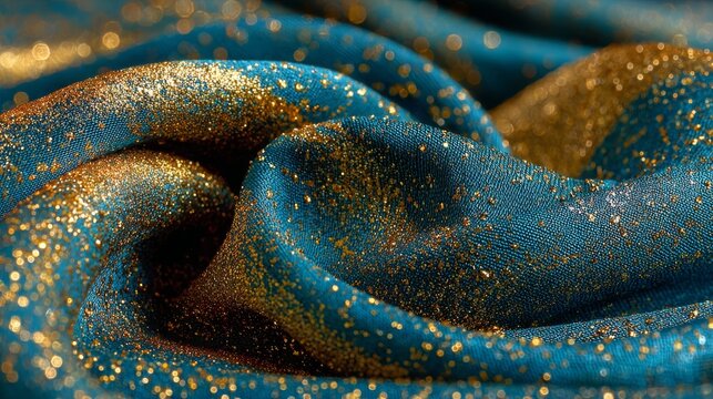 Glittering gold particles on luxurious dark blue silk fabric