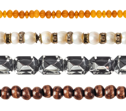 Isolated seamless 4k photo of decorative vintage plastic and wooden bead lines on white background.