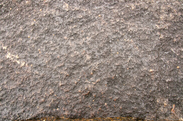A rough, textured basalt stone surface appears wet and dark gray, showing a granular, uneven structure with scattered darker spots and mineral coloring along the bottom edge
