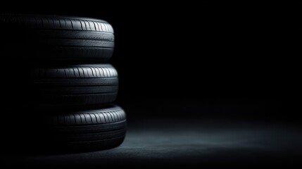 Horizontal composition of four automobile tires under moody low-key lighting, black background