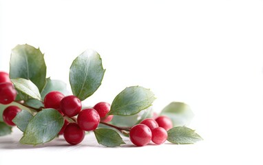 White background with holly leaves and red berries, isolated Christmas decorative element