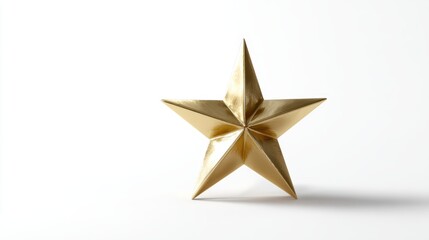 Glossy five-point Christmas star with smooth reflective gold finish, isolated white background