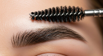 Extreme macro shot of a beautician brushing a woman's eyebrow with a spoolie. Professional brow shaping, lamination, and grooming procedure in a beauty salon. Close-up on a perfect, natural brow.