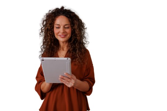 Woman smiling, holding a digital tablet, browsing online content, learning, or shopping with transparent background