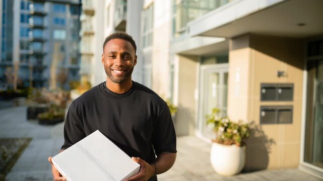Friendly african american courier smiling at camera while holding a white delivery box outside a modern residential building on a sunny day, representing e commerce and shipping service