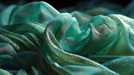 Emerald green shimmering fabric with gold sparkles in gentle waves