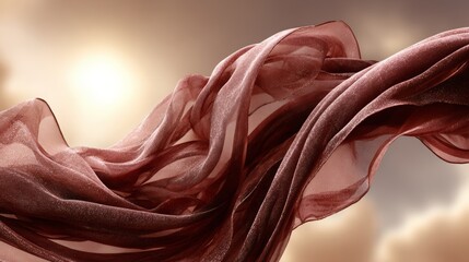 Flowing maroon silk fabric against golden sky backdrop