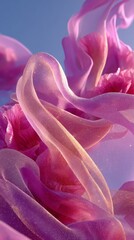 Delicate flowing pink and purple fabric against a clear blue sky background