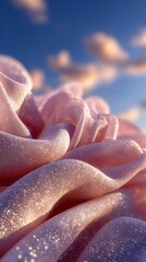 Close-up of sparkling pink fabric against blue sky with soft clouds