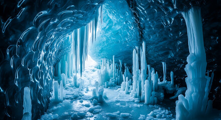 An ice cave interior with stalactites and stalagmites illuminated by a bright opening at the end ai generated
