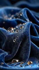 Shimmering water droplets on luxurious blue velvet fabric close-up