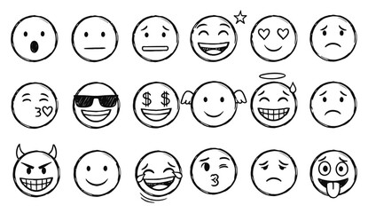 Collection of hand drawn smiley face emoticons expressing various emotions and feelings