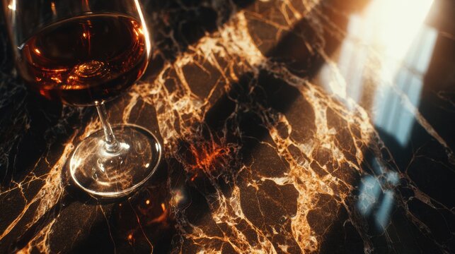 Cinematic Minimalism Featuring a Glass of Wine on Black Marble With Warm Glowing Reflections in Serene Setting