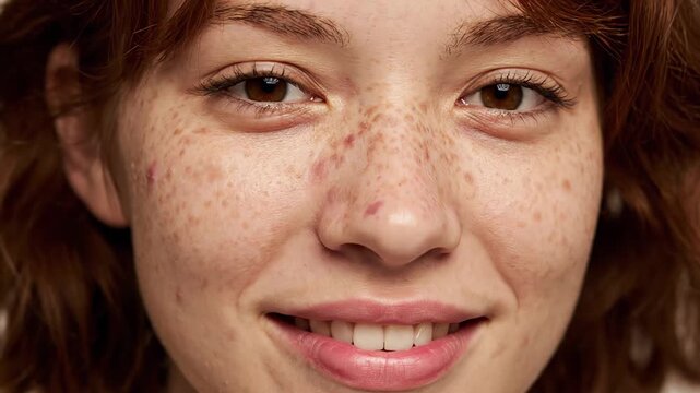 Close up of a lovely young woman with freckles and acne. The cheerful Caucasian model embraces her skin condition and radiates positivity with a warm smile