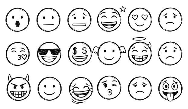 Collection of hand drawn smiley face emoticons expressing various emotions and feelings