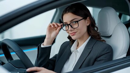 Attractive professional woman in a sleek suit seated in a contemporary vehicle. Self assured young lady adjusting her glasses with a smile directed at the camera