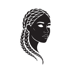 Elegant female face illustration with long braided hair, beauty and fashion design on white background