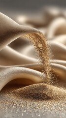 Golden sand flowing over luxurious fabric with elegant texture