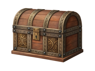 Antique brown wooden treasure chest isolated on white background, a vintage storage box with metal lock