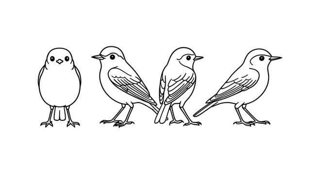 Outline bird sketch collection: four poses featuring songbirds in line art