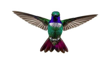 Fototapeta premium A vibrantly colored hummingbird with iridescent green plumage and purple throat hovers with wings spread wide, isolated on a transparent background, cutout, PNG