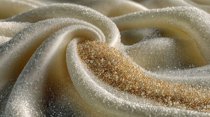 Close-up of sparkling gold and ivory textured fabric with glitter accents