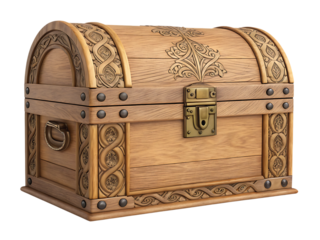 Antique brown wooden treasure chest isolated on white background, a vintage storage box with metal lock