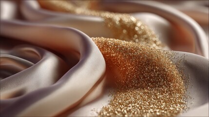 Luxurious gold glitter on smooth satin fabric close-up