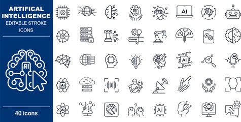 Artificial Intelligence and Machine Learning Vector Icons. Set of 40 editable stroke symbols for AI technology, neural networks, and automation. Includes brain, chip, and robot designs