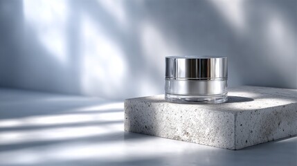 Elegant silver cosmetic jar on textured stone surface amid subtle light
