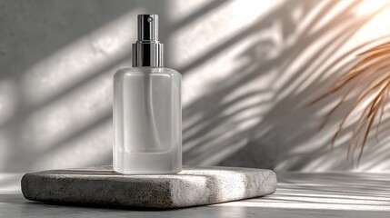 Frosted glass spray bottle on stone platform with artistic shadows