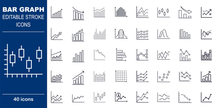 Analytics and Data Visualization Vector Icons. Set of 40 editable stroke symbols for charts, graphs, and financial trends. Includes candlestick, bar graph, and growth metrics