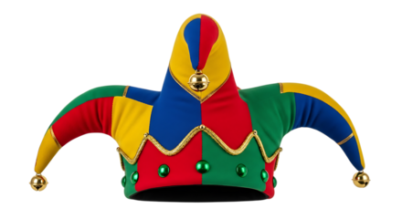 Colorful Jester Hat with Bells and Green Jewels, isolated on a transparent background, cutout, PNG
