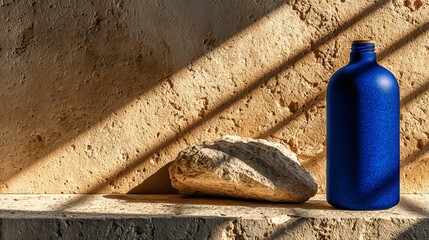 Blue bottle and stone on textured sand-colored surface with light shadows