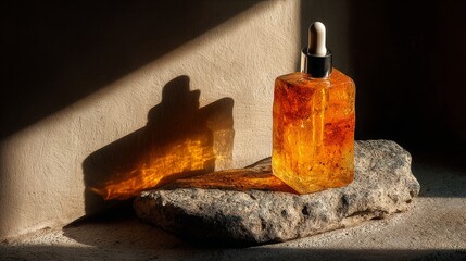 Golden facial serum bottle on stone with dramatic shadow and sunlight