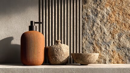 Rustic bathroom accessories with textured stone background and terracotta elements