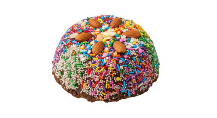 Festively decorated chocolate egg with colorful sprinkles and toppings