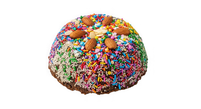 Festively decorated chocolate egg with colorful sprinkles and toppings