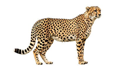 Fototapeta premium Cheetah standing profile view with black spots on tan fur, isolated on a transparent background, cutout, PNG
