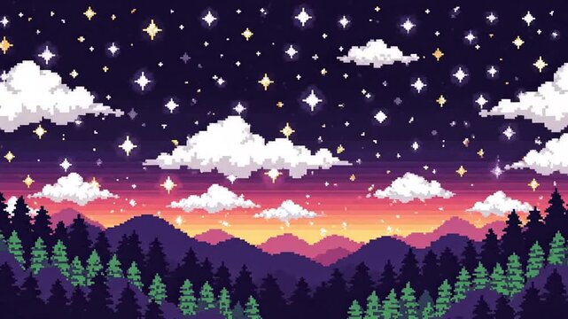 Pixel art landscape night sky with stars clouds and forest silhouette ideal for various design uses