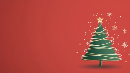 Christmas tree illustration with golden star and snowflakes on a festive red background