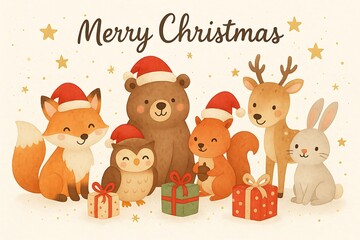 Cute watercolor Christmas animals with Santa hats and gifts