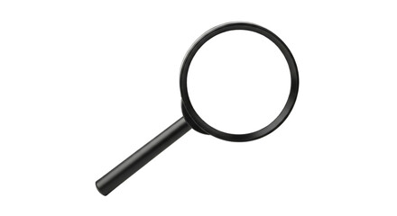 A black handled magnifying glass with a large white lens is positioned diagonally, isolated on a transparent background, cutout, PNG