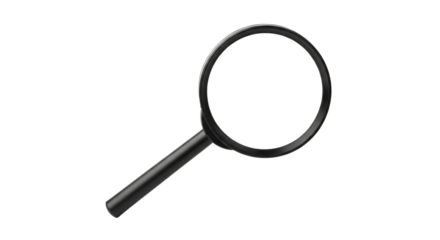 A black handled magnifying glass with a large white lens is positioned diagonally, isolated on a transparent background, cutout, PNG