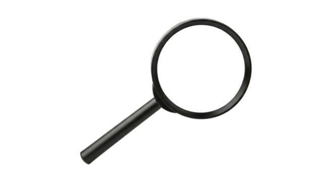 A black handled magnifying glass with a large white lens is positioned diagonally, isolated on a transparent background, cutout, PNG