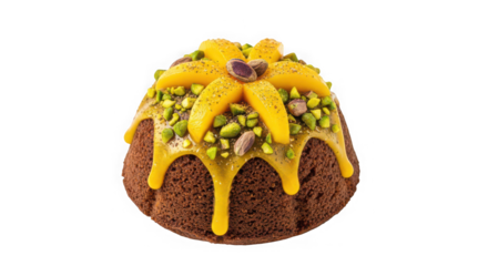 Festive egg shaped cake adorned with yellow glaze and pistachios
