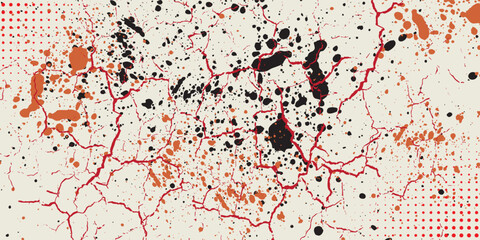 Bright red halftone dot pattern with energetic black orange splashes - contemporary digital art, modern vector.