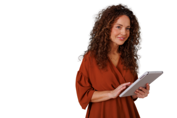 Professional woman using digital tablet, smiling and looking away, showcasing technology and business on transparent background