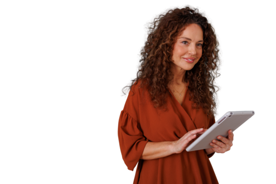 Professional woman using digital tablet, smiling and looking away, showcasing technology and business on transparent background